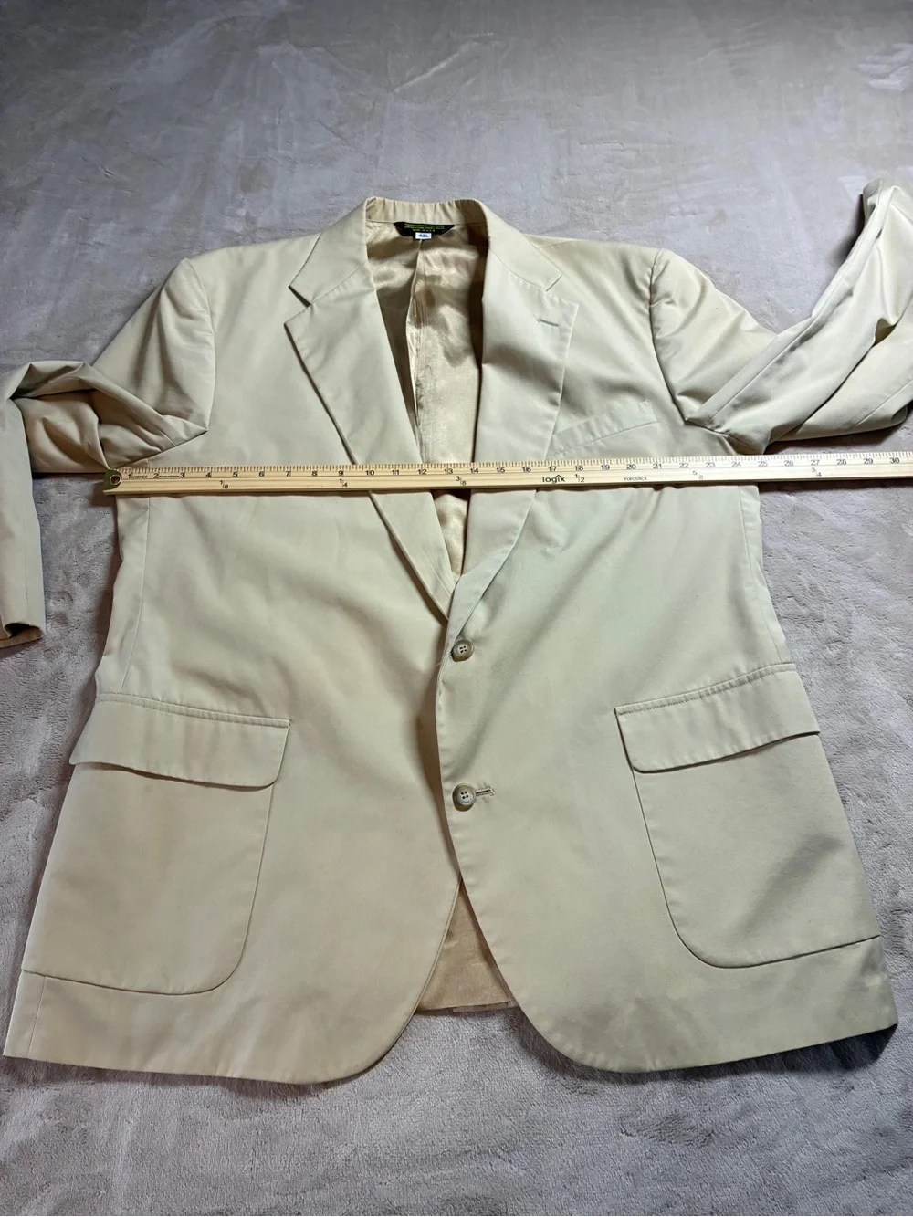 Vintage LL Bean Mens Sport Coat Blazer 48L Khaki Combed Cotton Made In USA Flaws